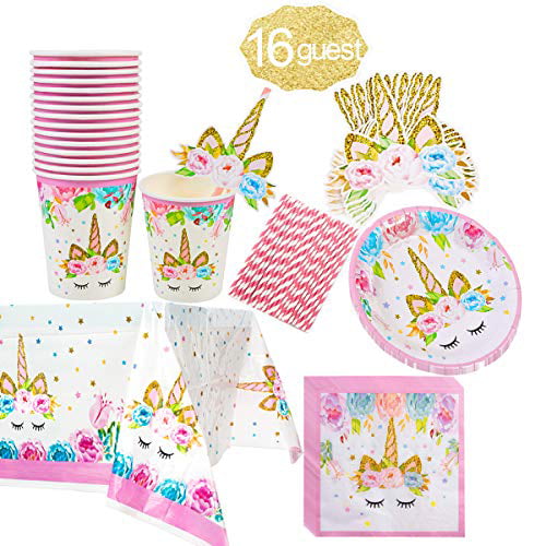 Bundle for 16 Paper Beverage Napkins Sprinkles Confetti Party Supplies Pack for 16 Guests Including Paper Cups Stickers Paper Dessert Plates and Plastic Table Cover 